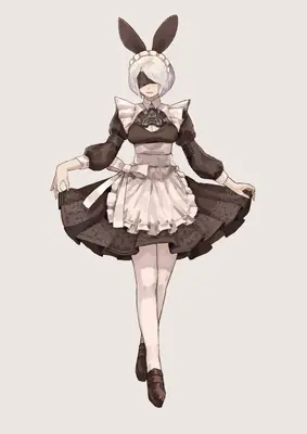 2B (YoRHa No.2 Type B) from NieR: Automata depicted in a gothic-lolita outfit with bunny ears and a blindfold.