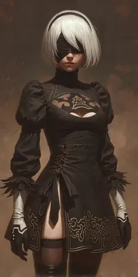 Digital illustration of 2B (YoRHa No.2 Type B) from NieR: Automata wearing a black gothic-lolita style outfit with a blindfold and white bob haircut.