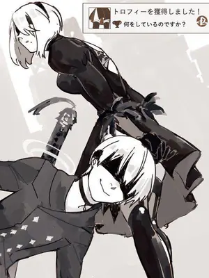 Fan art of 2B (YoRHa No.2 Type B) from NieR: Automata, depicted in a gothic-lolita outfit with a blindfold and sword in a dramatic pose.