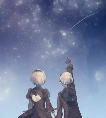 Fan art of 2B and 9S from NieR: Automata sitting together under a starry night sky, with 9S pointing at a shooting star.