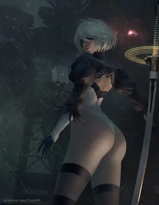 2B (YoRHa No.2 Type B) from NieR: Automata standing in the rain with a sword, wearing her signature gothic-lolita outfit.