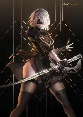 Digital illustration of 2B (YoRHa No.2 Type B) from NieR: Automata standing with a sword, wearing a black gothic-lolita outfit and blindfold.
