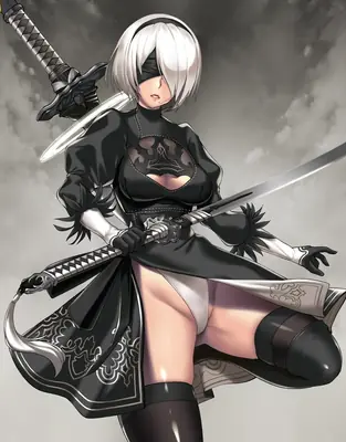 Digital illustration of 2B (YoRHa No.2 Type B) from NieR: Automata, depicted in a combat stance with dual swords and a blindfold.