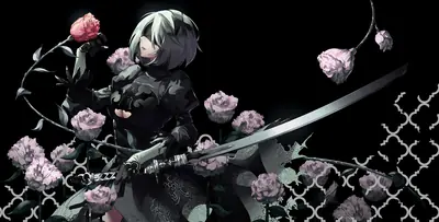 2B (YoRHa No.2 Type B) from NieR: Automata holding a sword amidst pink roses in a gothic-lolita style digital illustration.