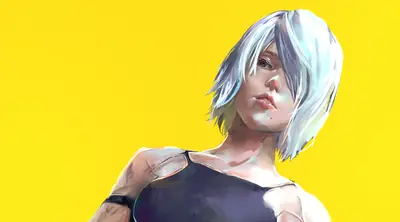 Digital illustration of 2B (YoRHa No.2 Type B) from NieR: Automata with short silver hair and a black leotard against a bright yellow background.