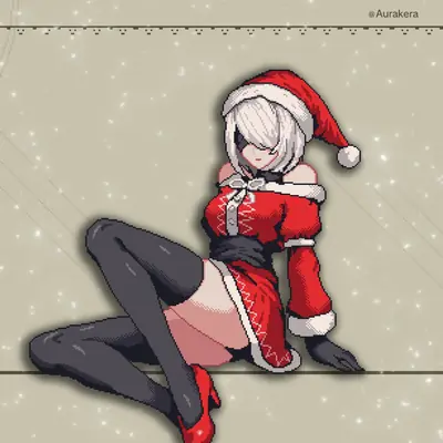 Pixel art of 2B (YoRHa No.2 Type B) from NieR: Automata wearing a Santa hat and red outfit, lying down on a sparkly background.