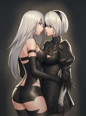 Digital illustration of 2B and 9S from NieR: Automata in a close, intimate pose.