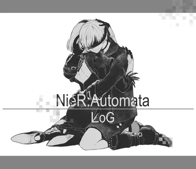 Black and white digital illustration of 2B from NieR: Automata, kneeling with her head bowed.