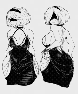 Black and white fan art of 2B (YoRHa No.2 Type B) from NieR: Automata, depicted in a gothic-lolita style dress with a blindfold.