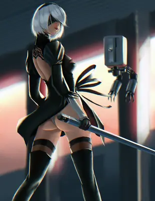 Digital illustration of 2B (YoRHa No.2 Type B) from NieR: Automata standing with a sword in a post-apocalyptic setting.
