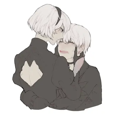 Fan art of 2B (YoRHa No.2 Type B) and 9S from NieR: Automata embracing each other.