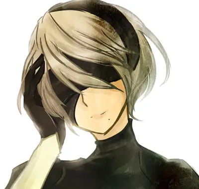 Digital illustration of 2B (YoRHa No.2 Type B) from NieR: Automata, shown with a blindfold and short silver hair against a plain white background.