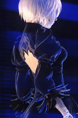 A digital illustration of 2B (YoRHa No.2 Type B) from NieR: Automata wearing a gothic-lolita style outfit with a blindfold and white hair.