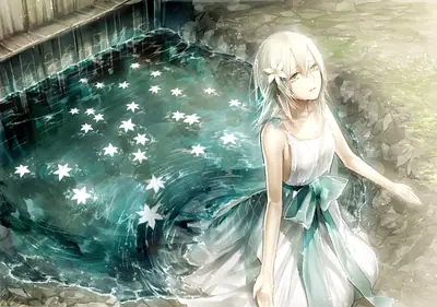 Fan art of 2B (YoRHa No.2 Type B) from NieR: Automata standing beside a glowing pool with white flowers, wearing a white dress with a green sash.