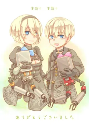 Digital illustration of 2B and 9S from NieR: Automata, depicted in a chibi style with gothic-lolita outfits and mechanical limbs.