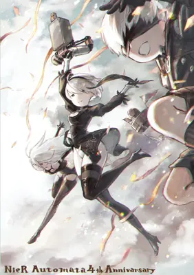 Digital illustration of 2B (YoRHa No.2 Type B) from NieR: Automata in a dynamic action pose with a sword, surrounded by debris and another character.