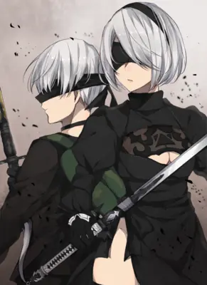 Fan art of 2B and 9S from NieR: Automata, featuring two YoRHa androids in black gothic-lolita outfits with blindfolds and swords.