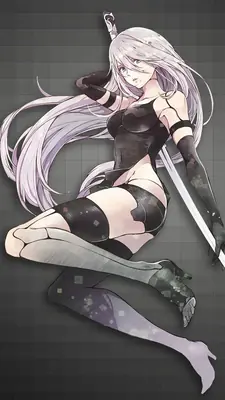 Fan art of 2B (YoRHa No.2 Type B) from NieR: Automata, depicted in a gothic-lolita style with long silver hair and a black outfit, holding a sword against a dark grid background.