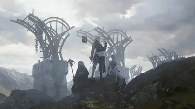Fan art of 2B (YoRHa No.2 Type B) from NieR: Automata standing on a rocky outcrop with other characters amidst ruined structures.