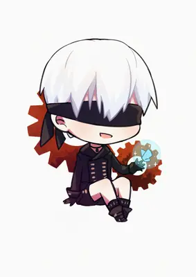 Chibi-style illustration of 2B from NieR: Automata, depicted with white hair, a black blindfold, and a gothic-lolita outfit, sitting against a gear-shaped background.
