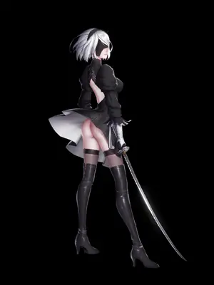 Digital illustration of 2B (YoRHa No.2 Type B) from NieR: Automata standing with a sword against a black background.