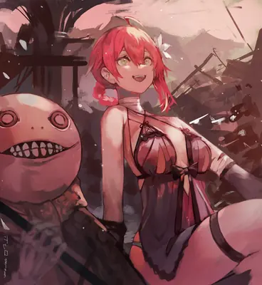Fan art of 2B (YoRHa No.2 Type B) from NieR: Automata, depicted with red hair and a gothic-lolita dress in a post-apocalyptic setting.