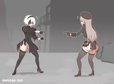 Digital illustration of 2B and 9S from NieR: Automata in a confrontational pose with pointing fingers.