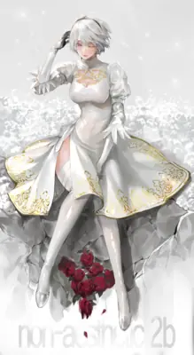 Digital illustration of 2B (YoRHa No.2 Type B) from NieR: Automata, depicted sitting with a white gothic-lolita dress and red roses.