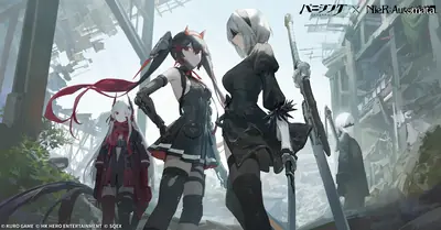 Fan art of 2B (YoRHa No.2 Type B) and 9S from NieR: Automata standing in a ruined, overgrown cityscape with another character in the background.
