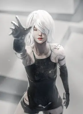 Digital illustration of 2B (YoRHa No.2 Type B) from NieR: Automata, depicted with white hair and a black leotard in a futuristic setting.