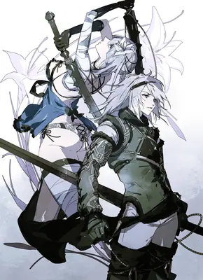 Digital illustration of 2B (YoRHa No.2 Type B) from NieR: Automata in a gothic-lolita outfit with a blindfold and sword.
