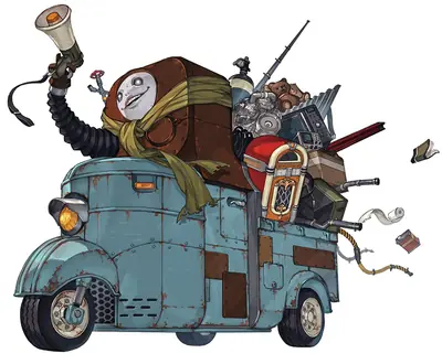 Fan art of 2B from NieR: Automata riding a rusted, cluttered vehicle in a post-apocalyptic setting.