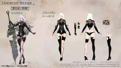 Concept art of 2B (YoRHa No.2 Type B) from NieR: Automata, showcasing her full outfit and design details.