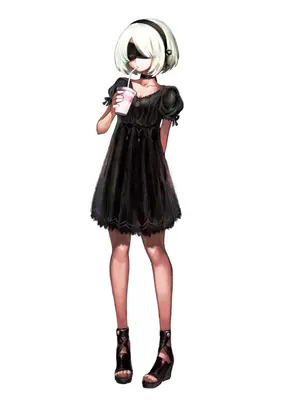 2B (YoRHa No.2 Type B) from NieR: Automata wearing a black gothic-lolita dress and drinking from a cup.