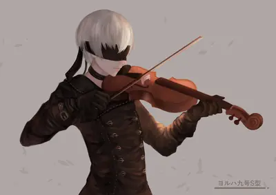 Fan art of 2B (YoRHa No.2 Type B) from NieR: Automata playing a violin with a blindfold and gothic-lolita outfit.