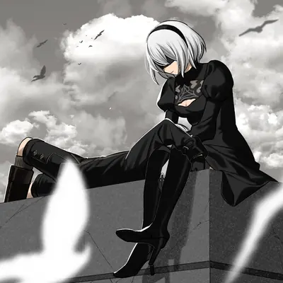 2B (YoRHa No.2 Type B) from NieR: Automata sitting on a concrete ledge in a black-and-white digital illustration.