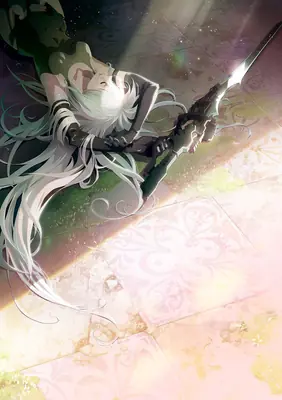 Fan art of 2B (YoRHa No.2 Type B) from NieR: Automata lying down with a sword, set in a post-apocalyptic environment.