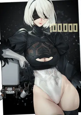Digital illustration of 2B (YoRHa No.2 Type B) from NieR: Automata wearing a black and white gothic-lolita style outfit with a blindfold.