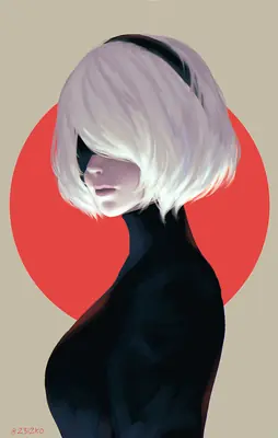 Digital illustration of 2B (YoRHa No.2 Type B) from NieR: Automata, depicted in a gothic-lolita style with white bob hair and a black blindfold.