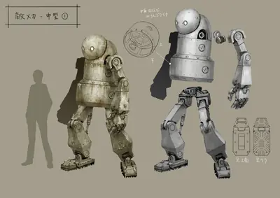 Concept art of two robotic figures from NieR: Automata, showcasing mechanical designs and human silhouettes for scale.