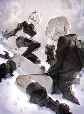Fan art of 2B and 9S from NieR: Automata, depicting the characters in a post-apocalyptic setting with digital distortion effects.