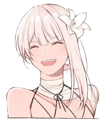 A digital illustration of 2B (YoRHa No.2 Type B) from NieR: Automata with pink hair and a white flower accessory, smiling with closed eyes.