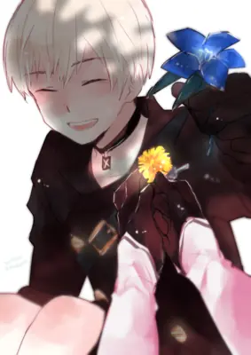 Fan art of 2B (YoRHa No.2 Type B) from NieR: Automata holding a dandelion and a blue flower, depicted in a digital illustration style.