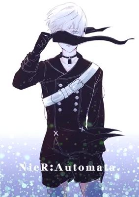 Fan art of 2B (YoRHa No.2 Type B) from NieR: Automata, depicted with white hair and a black blindfold against a sparkling background.