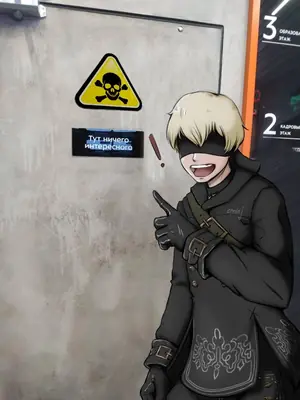 Fan art of 2B (YoRHa No.2 Type B) from NieR: Automata, depicted with a blindfold and black gothic-lolita style outfit, standing in a post-apocalyptic industrial setting.
