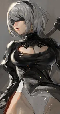 Fan art of 2B (YoRHa No.2 Type B) from NieR: Automata, depicted in a gothic-lolita style with a black blindfold and combat leotard.