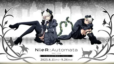 Digital illustration of 2B (YoRHa No.2 Type B) from NieR: Automata in a gothic-lolita outfit, lying on the ground with another character in a post-apocalyptic cityscape background.