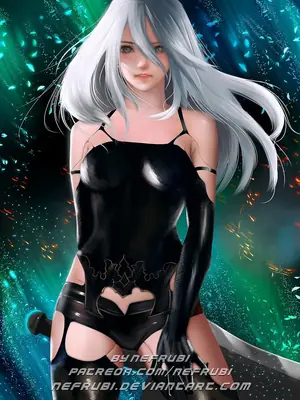 Digital illustration of 2B (YoRHa No.2 Type B) from NieR: Automata wearing a black gothic-lolita outfit with long white hair and a blindfold, set against a glowing green and blue background.