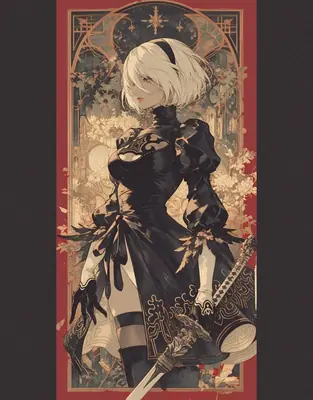 Digital illustration of 2B (YoRHa No.2 Type B) from NieR: Automata, depicted in a gothic-lolita outfit with a blindfold and sword.