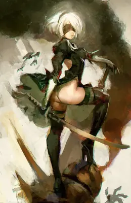 Digital illustration of 2B (YoRHa No.2 Type B) from NieR: Automata in a gothic-lolita outfit with a blindfold and sword.